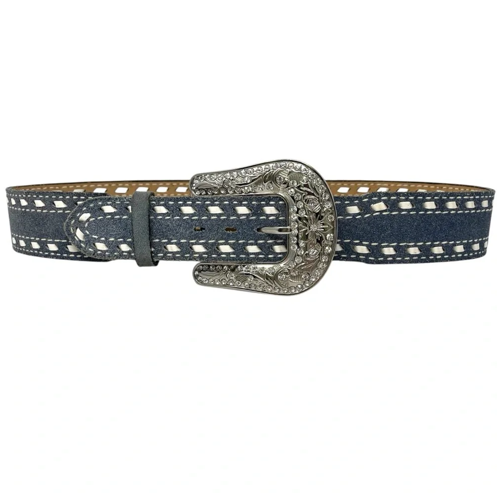 Justin Denim & leather belt with Rhinestone buckle M - Picture 1 of 11